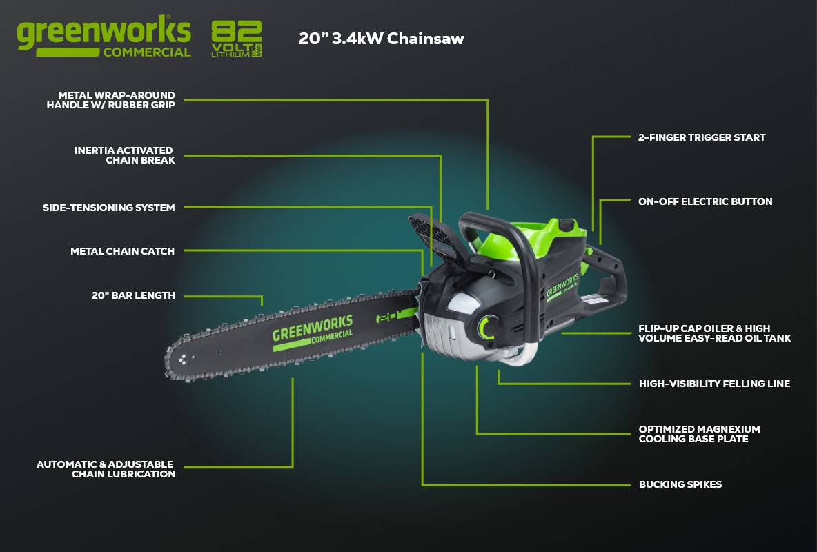 Greenworks 82V 20" 3.4kW Cordless Battery Chainsaw w/ 4.0Ah Battery and Dual Port Rapid Charger Greenworks 82V 20" 3.4kW Cordless Battery Chainsaw w/ 4.0Ah Battery and Dual Port Rapid Charger