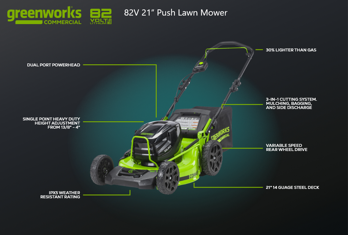 Greenworks 82V 21" Brushless Push Mower w/ 5.0Ah Battery and Dual Port Charger Greenworks 82V 21" Brushless Push Mower w/ 5.0Ah Battery and Dual Port Charger
