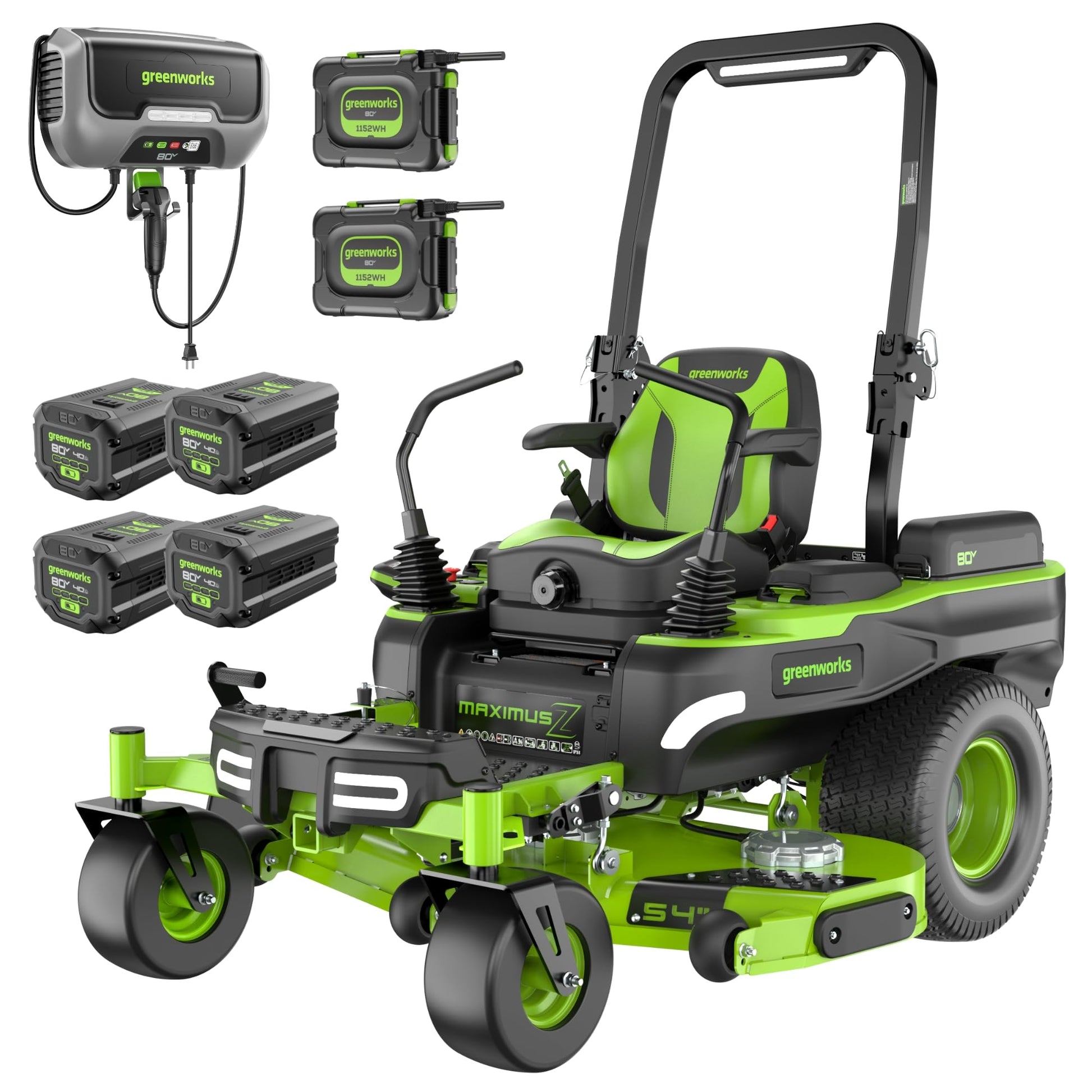 Greenworks 82V 54" MaximusZ Zero Turn Riding Mower with (2) 16.0 Ah , (2) 8.0 Ah ,(2) 4.0 Ah Batteries and 1.5kW Charger Greenworks 82V 54" MaximusZ Zero Turn Riding Mower with (2) 16.0 Ah , (2) 8.0 Ah ,(2) 4.0 Ah Batteries and 1.5kW Charger