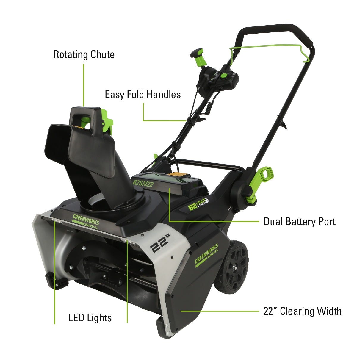 Greenworks 82V 22" Snow Blower w/ 5.0Ah Battery and Dual Port Charger Greenworks 82V 22" Snow Blower w/ 5.0Ah Battery and Dual Port Charger
